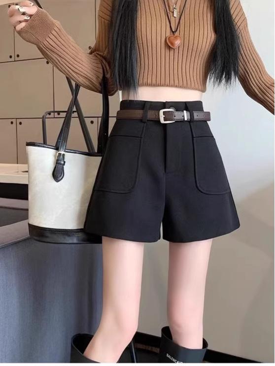 Petite Woolen Bootcut High Waist Wide Leg Pants - Autumn/Winter Casual Suit Shorts
