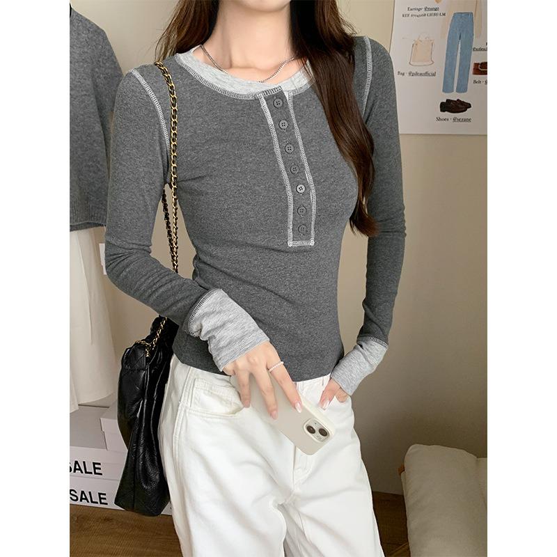 High-end splicing bottoming shirt women's spring breasted semi-open neck contrasting color long-sleeved inner niche unique top