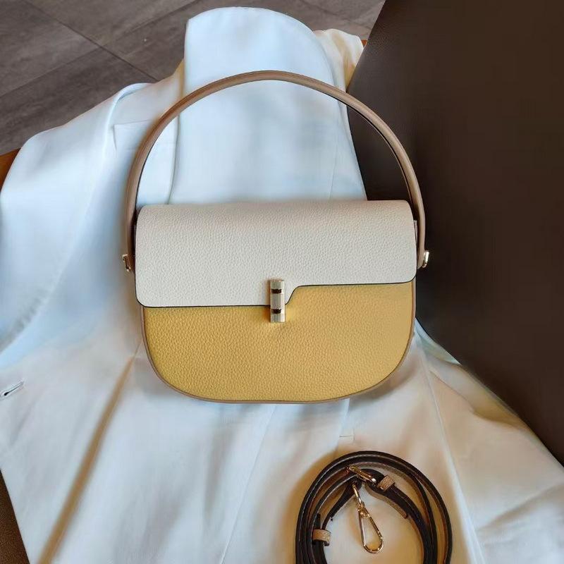 New genuine leather women's bag, top-grain cowhide color-block saddle bag, textured, versatile, niche, single-shoulder, crossbody, underarm bag