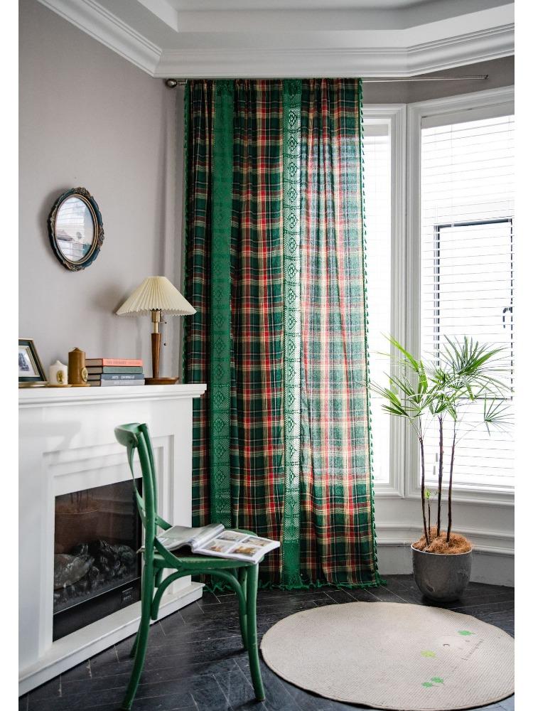 Green Lattice Splicing Dyed American Curtains Bay Window Curtains Semi-blackout for Living Room Bedroom Bay Window Dining Room or Kitchen Bar