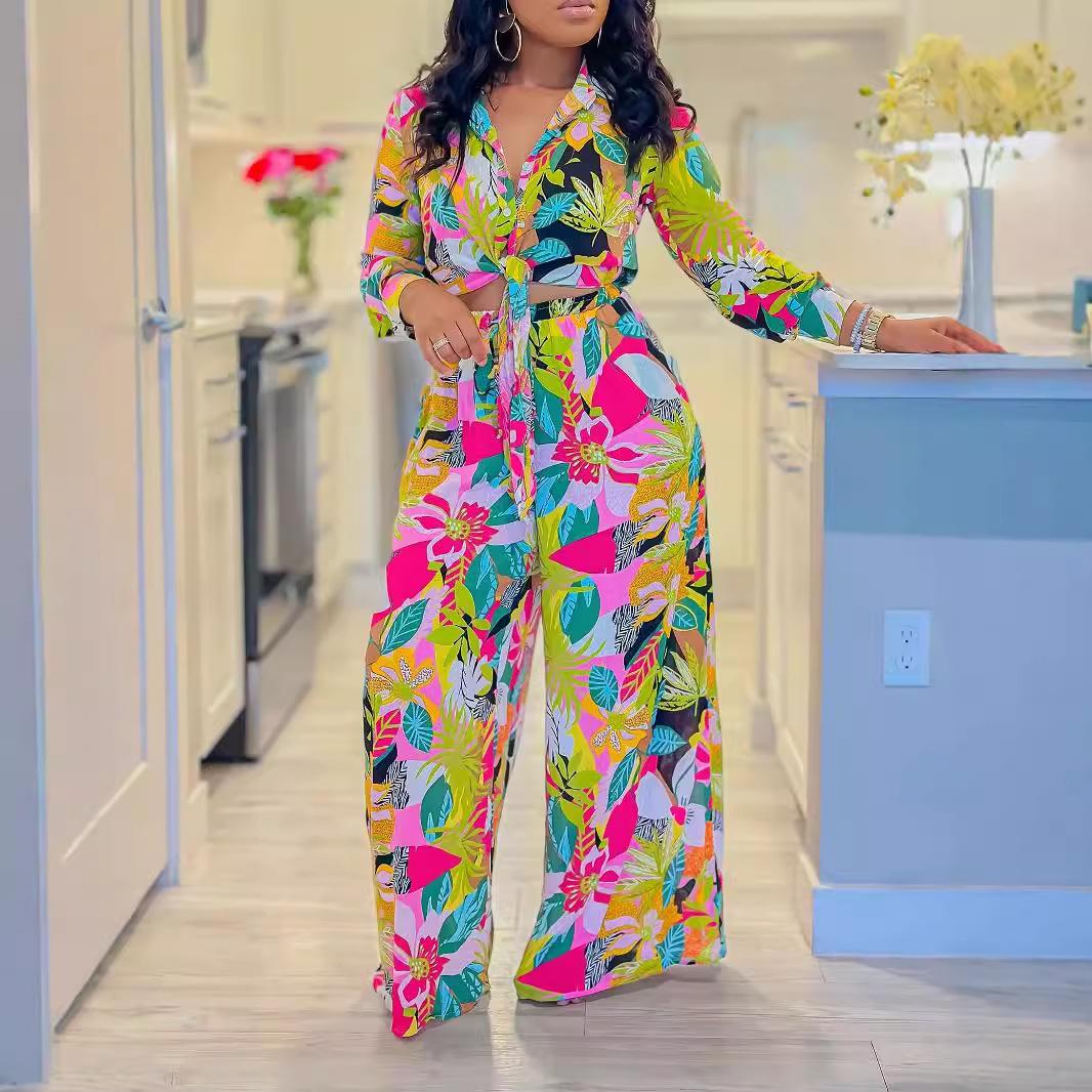 

Women s New Fashion Casual Print Two-Piece Set: Tie-Waist Shirt & Wide-Leg Pants XXXL