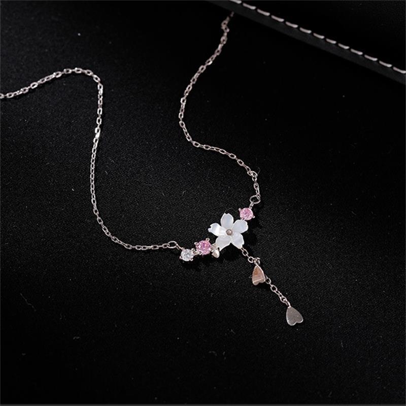 Romantic Cherry Blossom Heart Tassel Necklace with Shell Petals - Sweet Forest Style