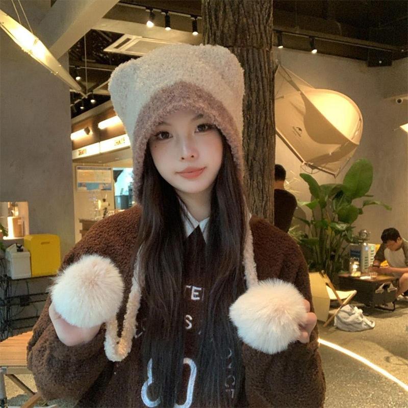 Autumn And Winter  Color Matching Bear Ear Strap Lei Feng Hat For Women Korean Cute Warm Ear Protection Knitted Wool Hat
