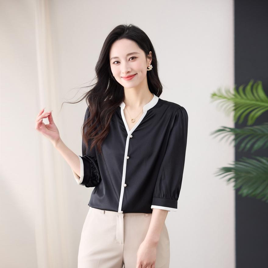 

Temperament Fashion V-Neck Mulberry Silk Thin Medium Sleeve Shirt Women s Summer Casual Versatile Pullover Silk Top L