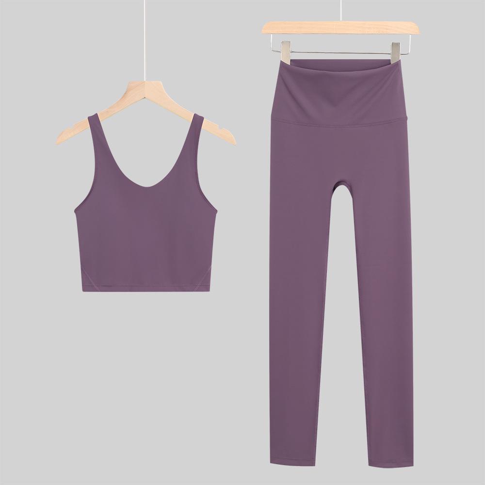 Lulu U-Back Sports Tank & 9-Point Yoga Pants Set with Bare-Feel Push-Up Bra for Women's Fitness