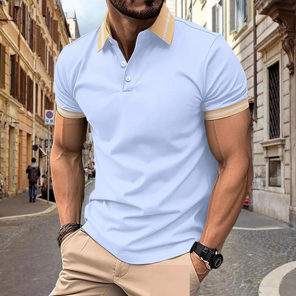 Men's Fashion Summer Business Casual Polos Short Sleeved Buttons Lapel Breathable Patchwork Polo Shirts Men