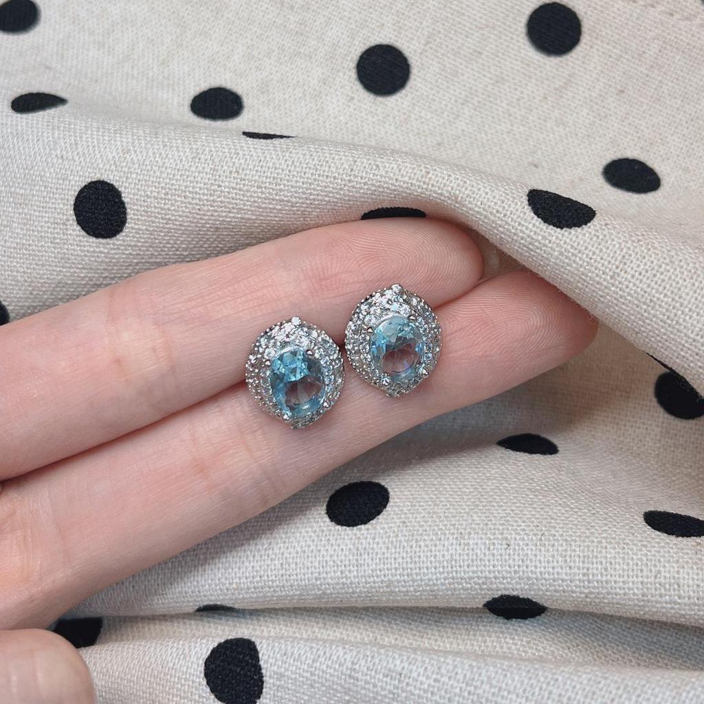 European & American Ocean Blue Sapphire Stud Earrings, Fully Diamond Inlaid, Niche Design, Simple & Elegant Egg-Shaped Earrings for Women