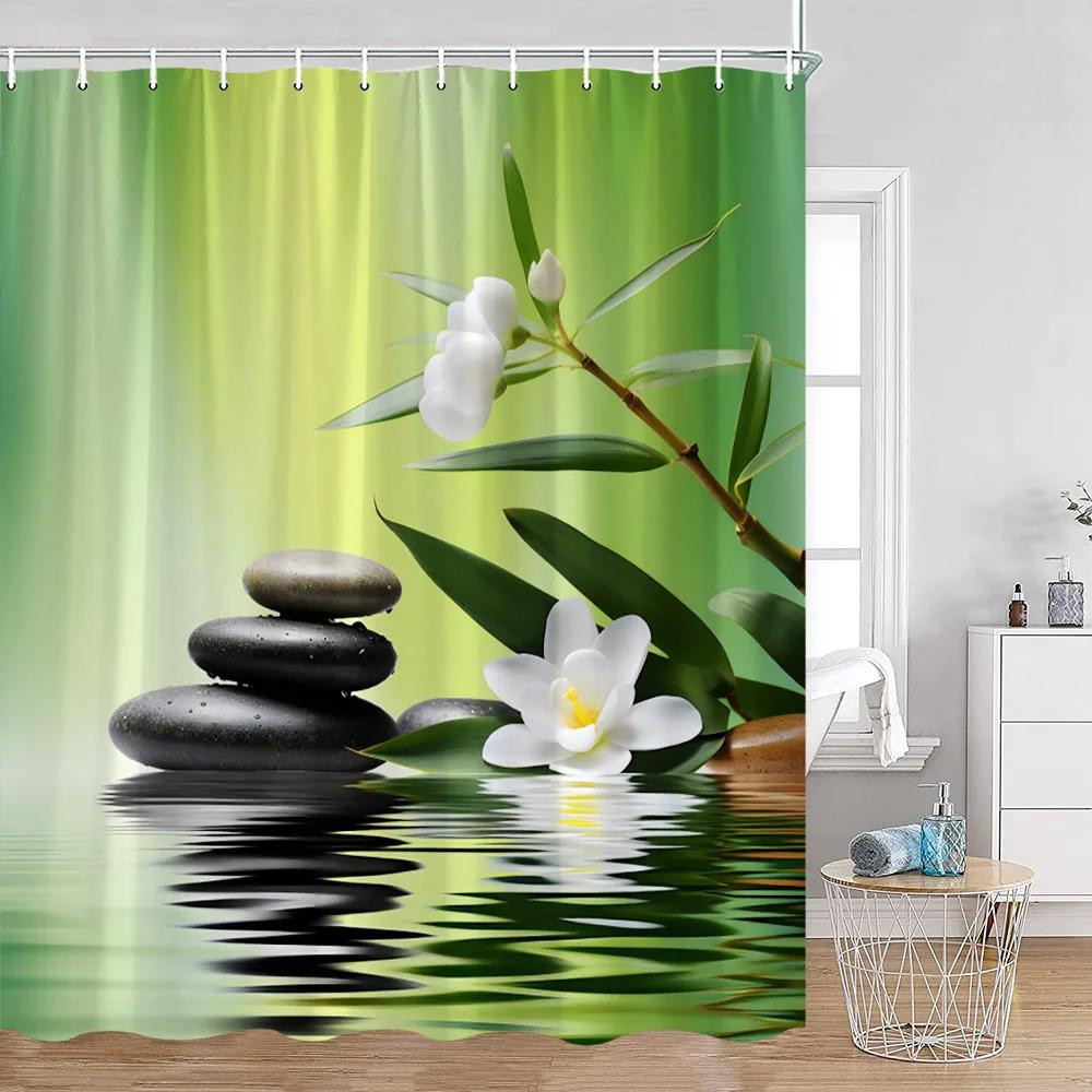 Zen Shower Curtains Black Stone Green Bamboo Lotus Spa Candle Purple Orchid Natural Leaf Bathroom Curtain Meditation Bath Decor