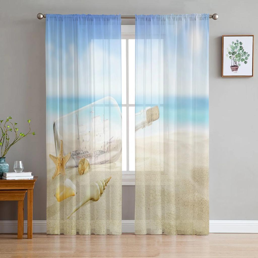 Beach Seashell Starfish Conch Curtain Living Room Bedroom Voile Drape Kitchen Window Tulle Curtains Home Essentials Sheer Polyester Great Decor