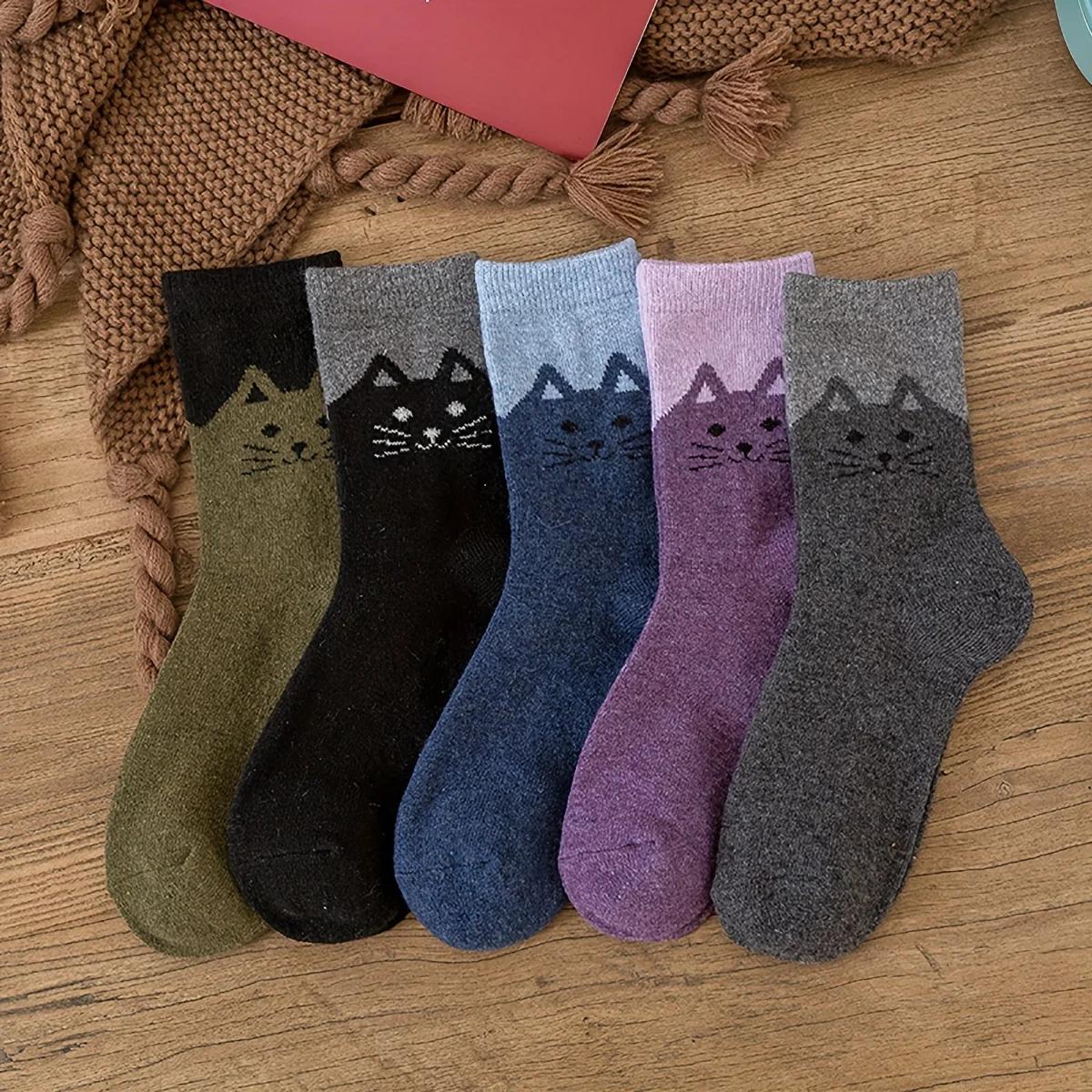 

5 pairs of autumn and winter mixed color socks for children, mid tube socks for cats, thick and warm rabbit socks for women one-size