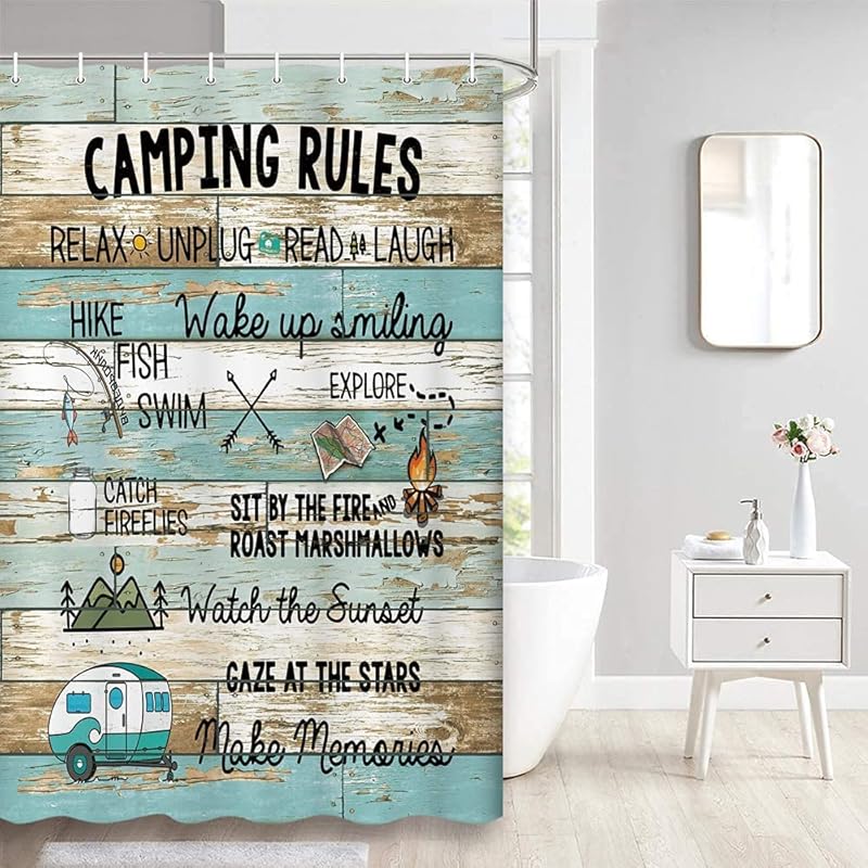 

Funny Camping Rules Shower Curtain, Farmhouse Rustic Cabin Rules Travel on Teal Country Wooden Board Shower Curtain for RV Camper Trailer Bathroom, 36 W x 70 L (Pack of 1)
