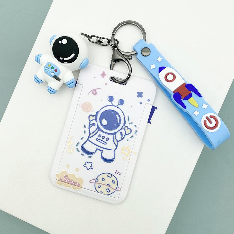 Women Men Work Card Cover White Astronaut Pattern Business Name Card Badge Holder Bus Access Guard Credit Card Case with Lanyard