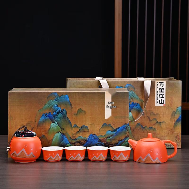 Ailan Huijia WQ Qianli Jiangshan Ceramic Tea Set 1 Pot, 1 Tea Caddy, 4 Cups (Gift Box)