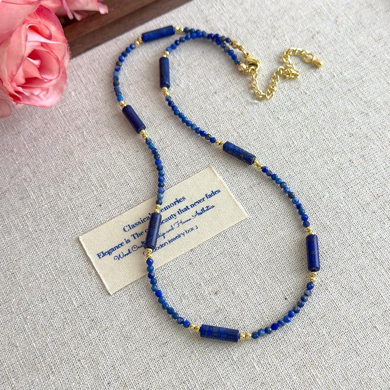 New Chinese National Style Blue Lapis Lazuli Crystal Beaded Necklace Women Trendy Versatile Stackable Clavicle Chain Jewelry
