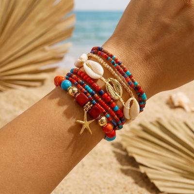 Bohemian Rice Beaded Shell Starfish Pendant Multilayer Bracelets For Women Men Sea Star Stackable Elastic Bangle Beach Jewelry