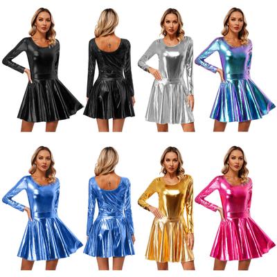 Womens Shiny Metallic Party Outfit Long Sleeve Round Neck Leotard with Flare Skirt