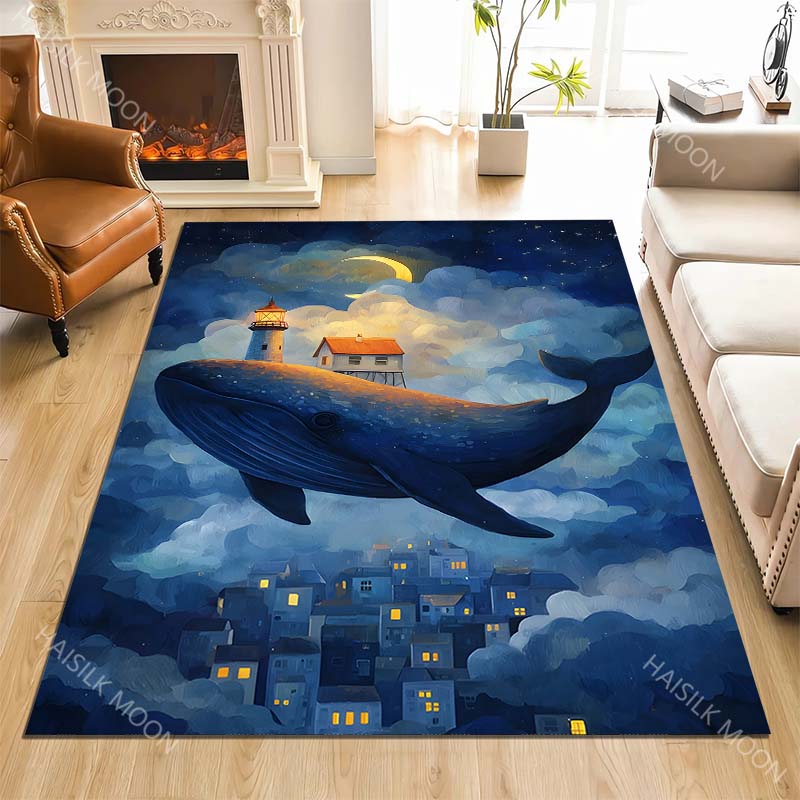 Whale Carrying Lighthouse House Print Carpet Rug for Living Room Bedroom Sofa Doormat Home Decor Non-slip Floor Mat