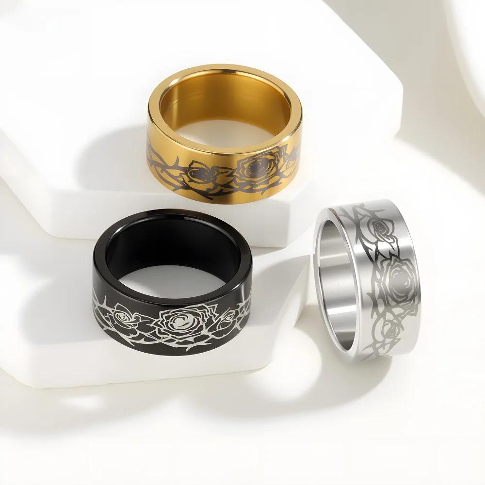 10MM Titanium Stainless Steel Rings for Men Women Rose Flower Polished Rings Engagement Wedding Band  Gift Wholesale