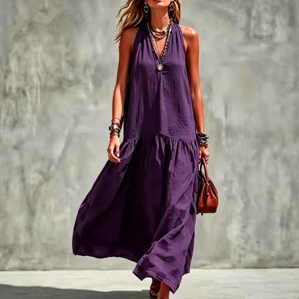 Spot TK new European and American loose v-neck sleeveless solid color dress