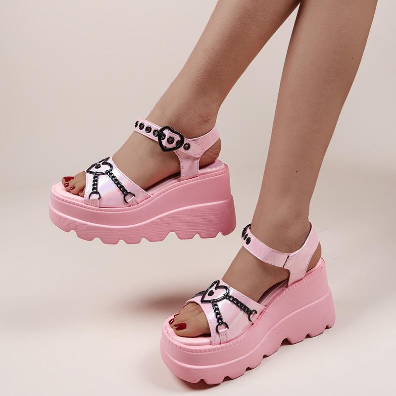 35-42 Plus Size Fashion Slope Heel Women Metal Chain Decoration Sandals Female Platform Buckle Shoes Women's Sandals Tide Shoes