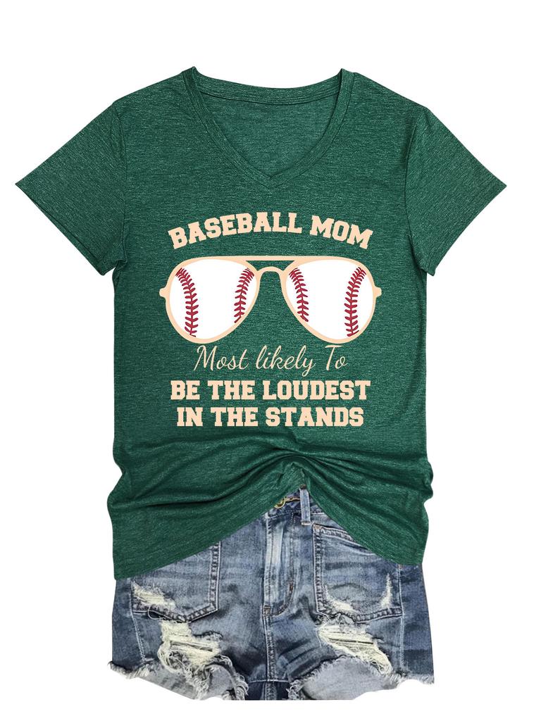 Summer New Short Sleeve Tshirt Baseball Mom Print Loose Vneck Casual Fashion Top