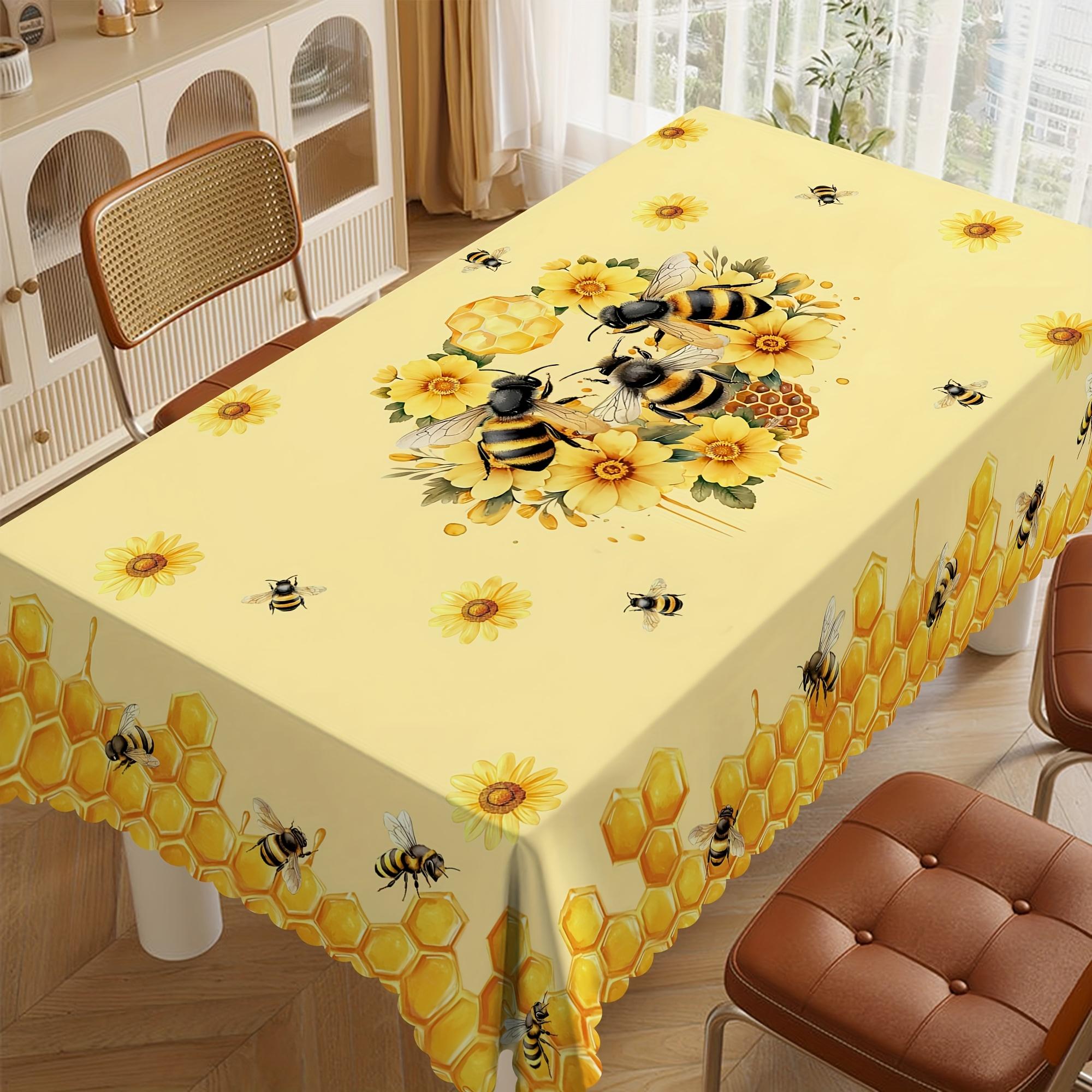 Gele Bloemige Bijen Honingraat Print Tafelkleed voor Tafeldecoratie Zomer Bijenthema Rechthoekig Keuken Eettafel Doek Feestdecoratie 100x160cm