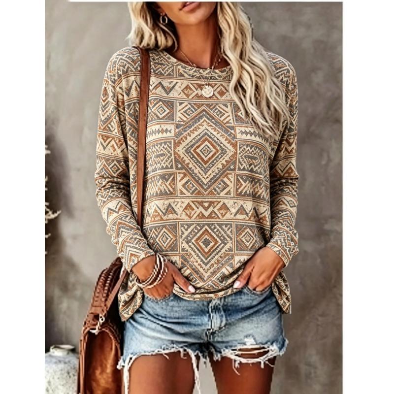 Women Long Sleeve T‑Shirt Blue White Plaid Checkered Vintage Print Crew Neck Casual Fall Tops