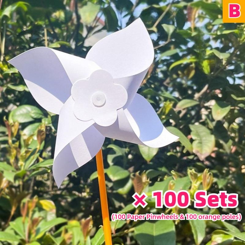 100pc Summer Event DIY Paper Pinwheels Crafts Set Blanks White Small Windmills Kits Bulk Drawing Party Kid Toy Assembly Handheld
