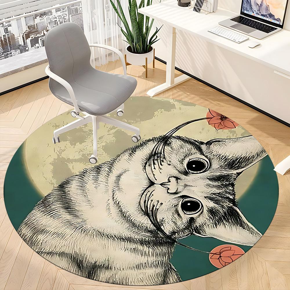 1PC Moonlit Whiskers Office Round Area Rug, Mat Suitable ForOffice, Under Office Chairs Bedroom Living Room Home Decor, Room Deco