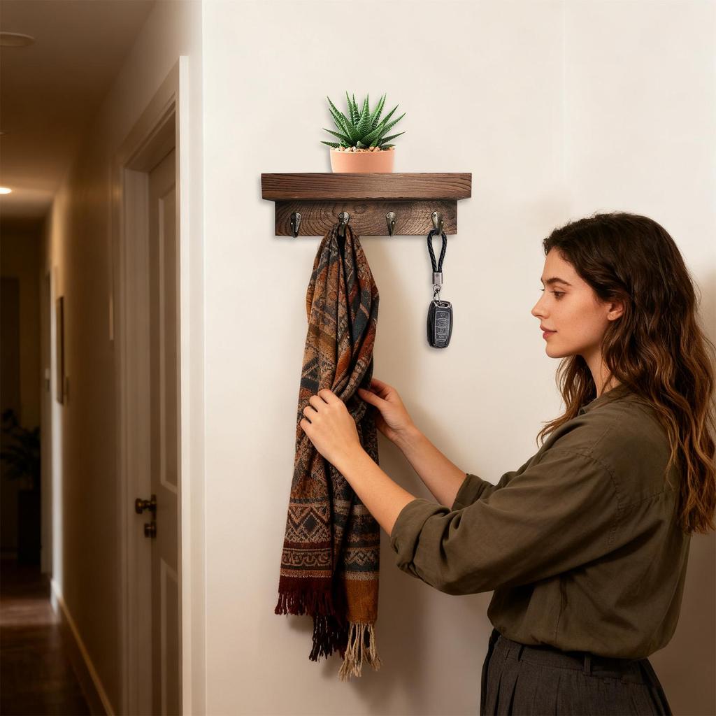 Rustic Wooden Key Holder with 4 Hooks Storage Tray Easy Install Wall-Mounted Organizer for Keys Mail and More for Bedroom Office