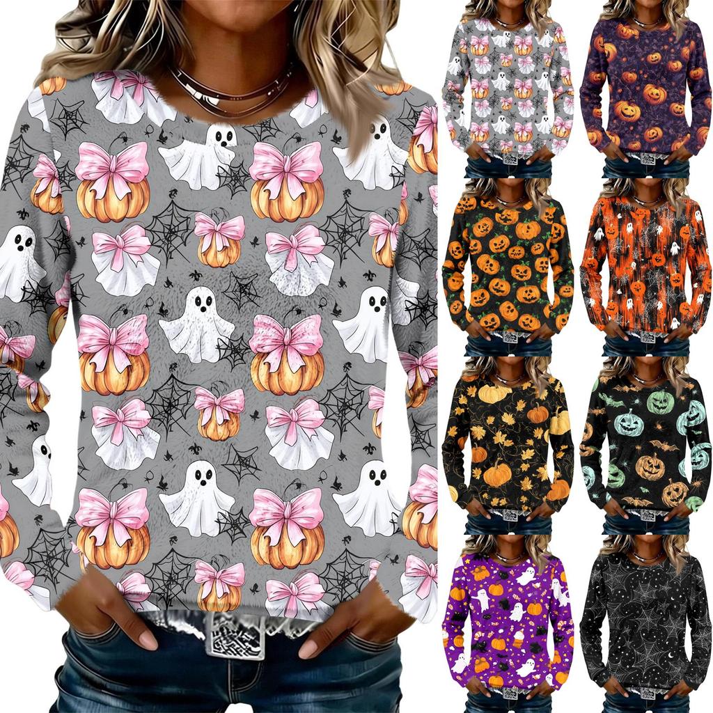 Women's Flannel Long Sleeve Top with Halloween Print Neck Pullover Shirt