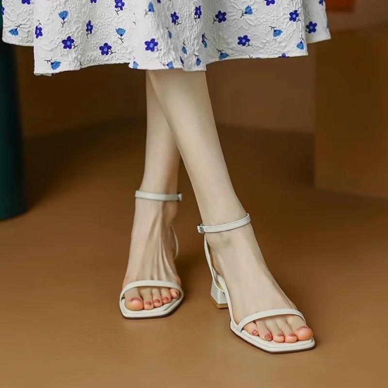 Fashion 2025 Summer High Heel Sandals Women's New Korean Edition Coarse Heel Simple Square Head Casual Women's Shoes