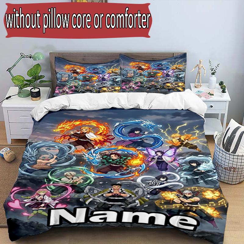 3pcs Duvet Cover Set (1*Duvet Cover + 2*Pillowcase, Without Core), Custom Name Demon Slayer Pattern Bedding Set, Home Bedroom Decor Gift