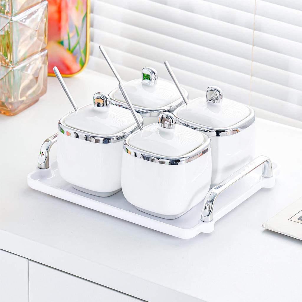 High-End Ceramic Seasoning Jar Set with Spoon - Moisture-Proof and Stylish Salt & Spice Containers for Kitchen