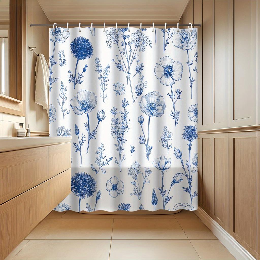 1Pc 2D Flat Printing Floral Pattern Shower Curtain With Blue Line Art,, Includes 12 Hooks, Bathroom Accessory, 2D Flat
