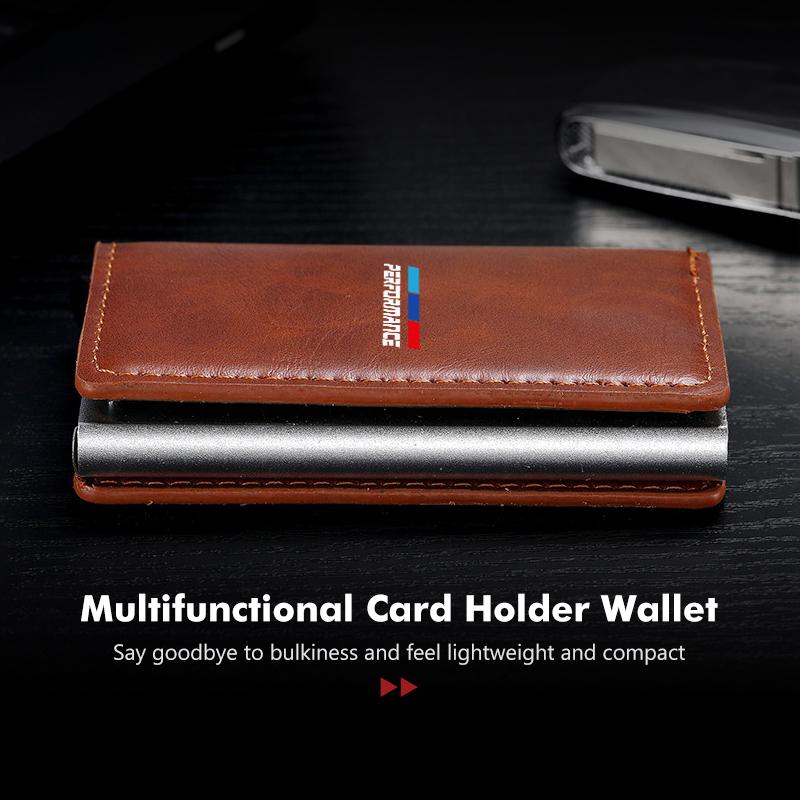 ZDNE2 Car Leather Pop Up Wallet RFID Blocking Metal Double Card Case For BMW 1 3 5 Series G30 G32 G38 2021 2020 2019 2018 E46 E91