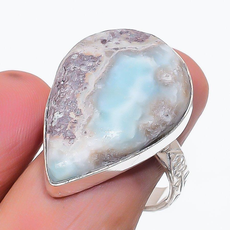 Natural Larimar Gemstone Handmade 925 Sterling Silver Jewelry Ring Size 9 a5m08