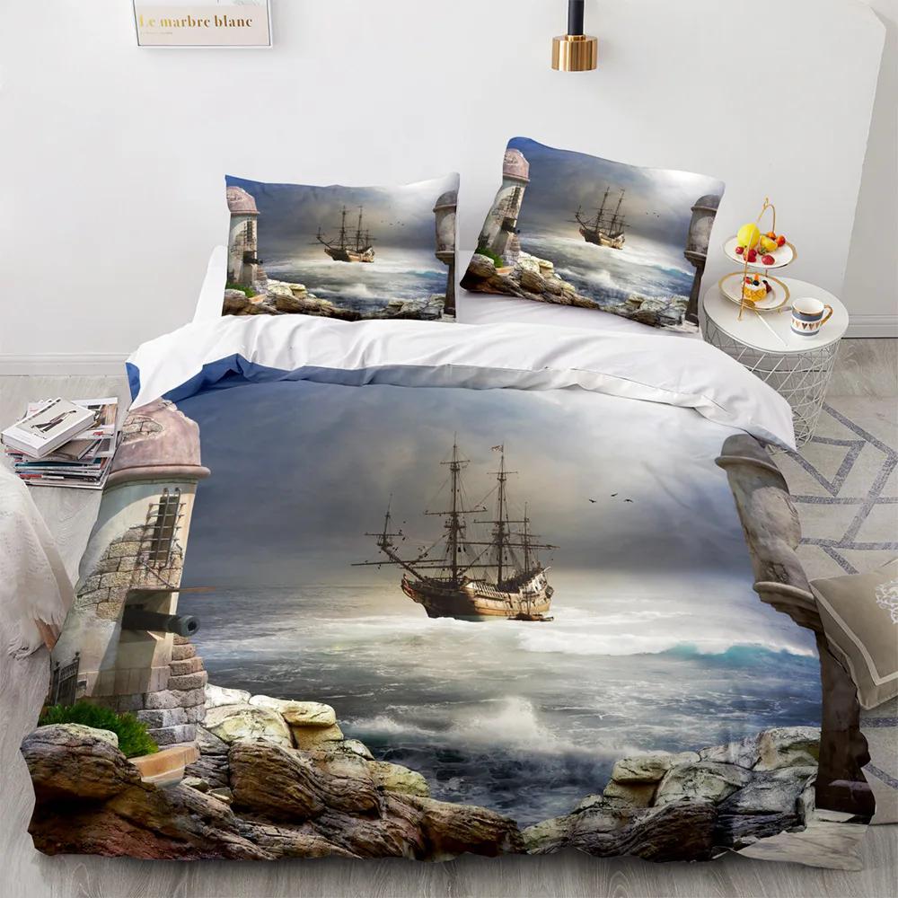 Vintage Sailboat Duvet Cover Nautical Ocean For Children Teen Adult Ship Fire Black Retro Style Polyester Quilt Cover Room Decor