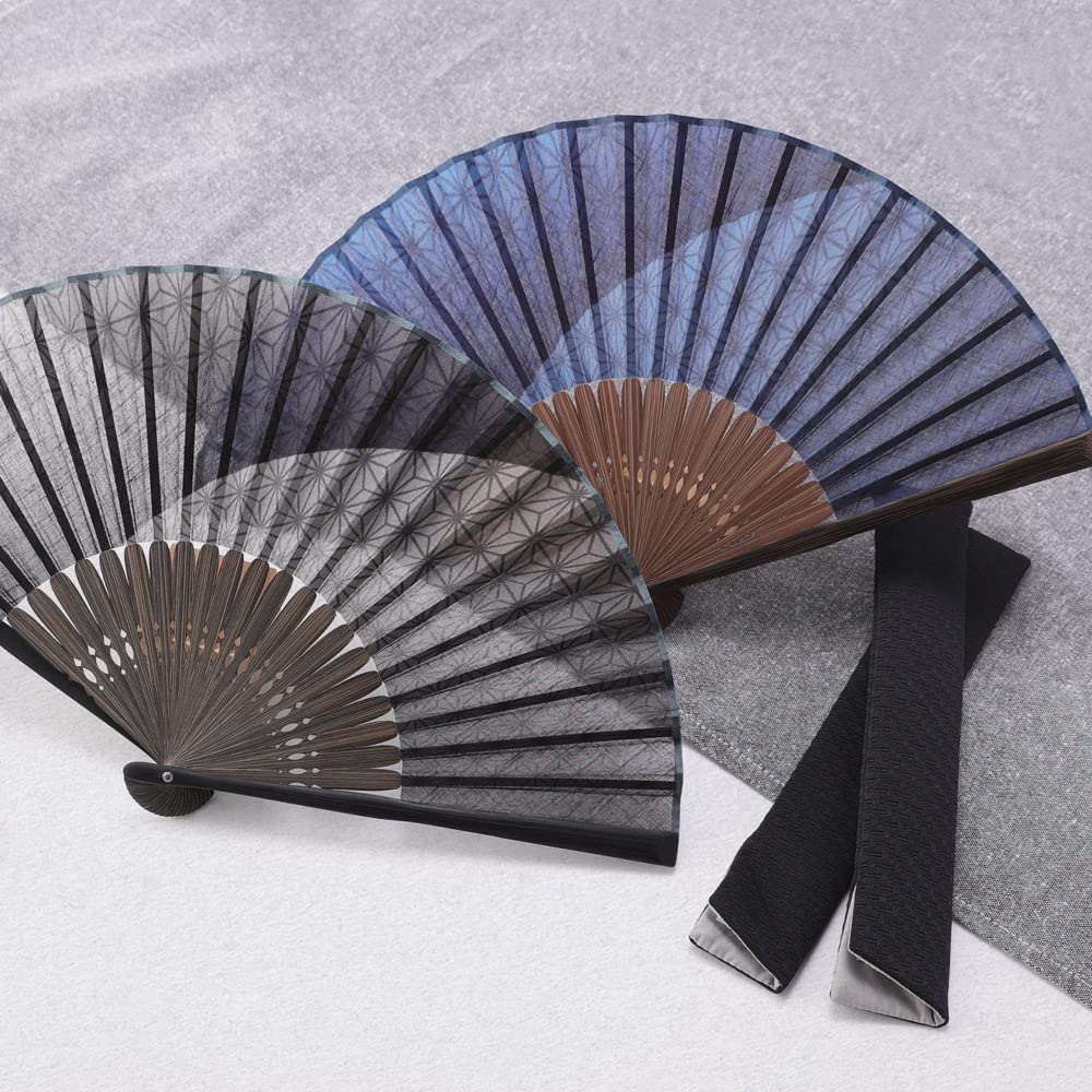 Folding Stylish Business Folding Fan Folding Fan and Handkerchief Hemp Leaf Navy [Osaka Choseido] Men's Fan, Style, Bag, Case, Set, Gradation,