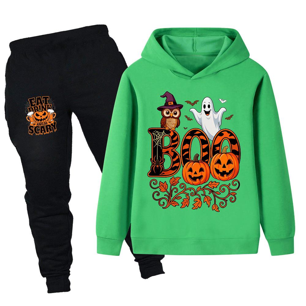 PB1649 Kids Boys Girls Halloween Ghost Printed Long Sleeves Hoodie Trousers Sets