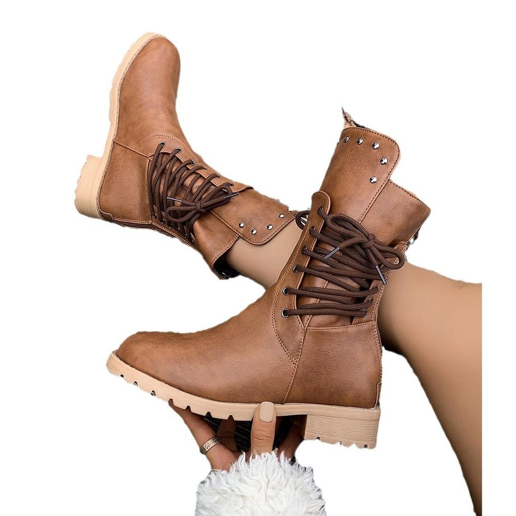 Stylish Women's Mid-calf Riding Boots With Cozy Fleece Lining For Winter Fashion