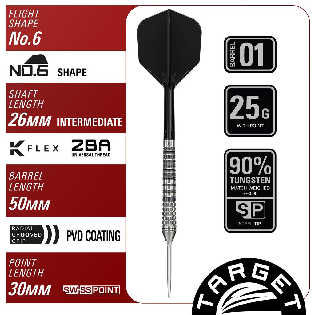 Target Japan BLACK MARQUE RENEGADE 4.0 90% Tungsten Steel Tip Darts Set 25g, Jun Kawashima Model, K-Flex No.6 Shape Flights & SWISS BLACK NANO POINT