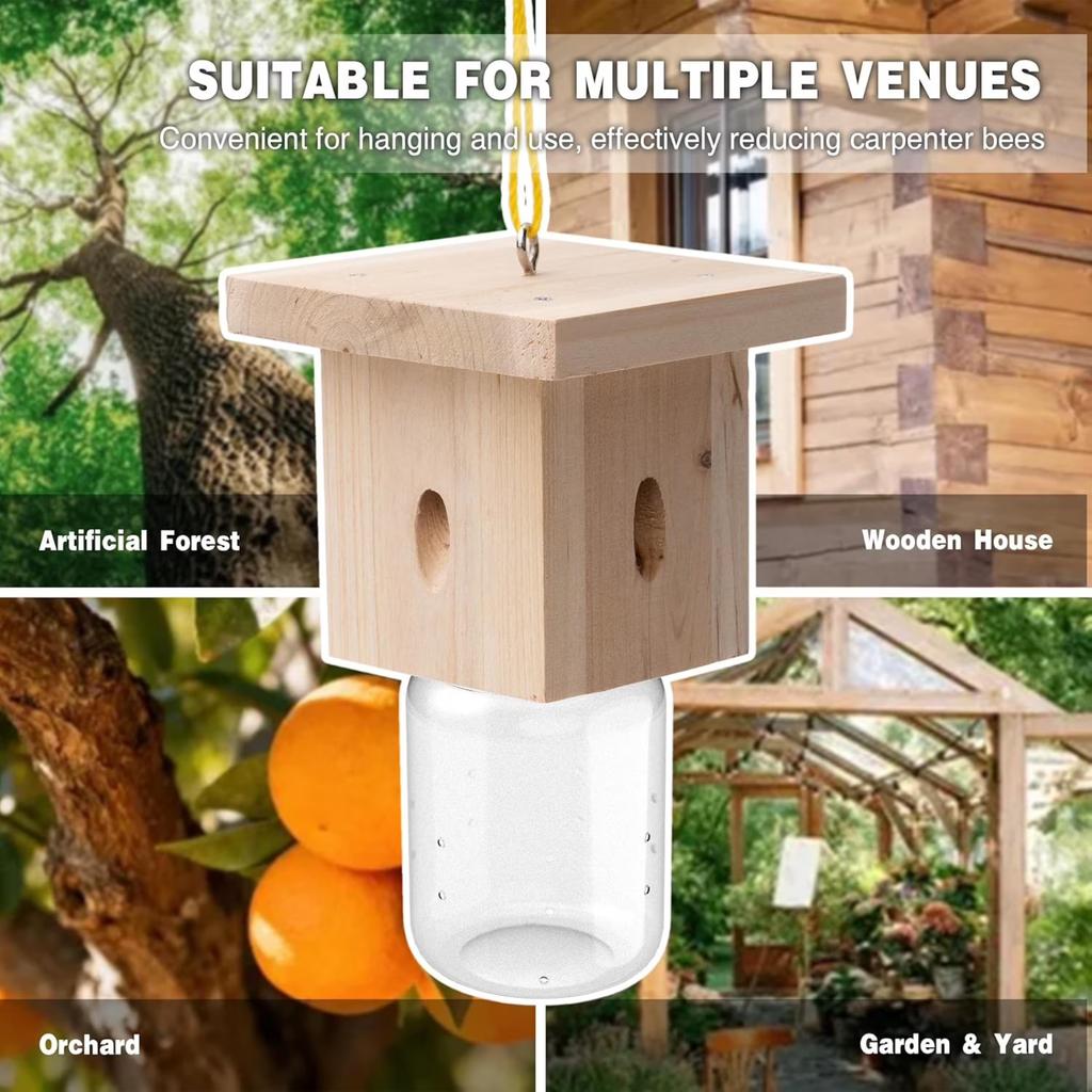 1 PCS Wood Carpenter Bee Trap For Outside - Natural Hanging Carpenter Bee Traps Outdoor With Plastic Collection Jar, Best Bee Trap For House - Insect