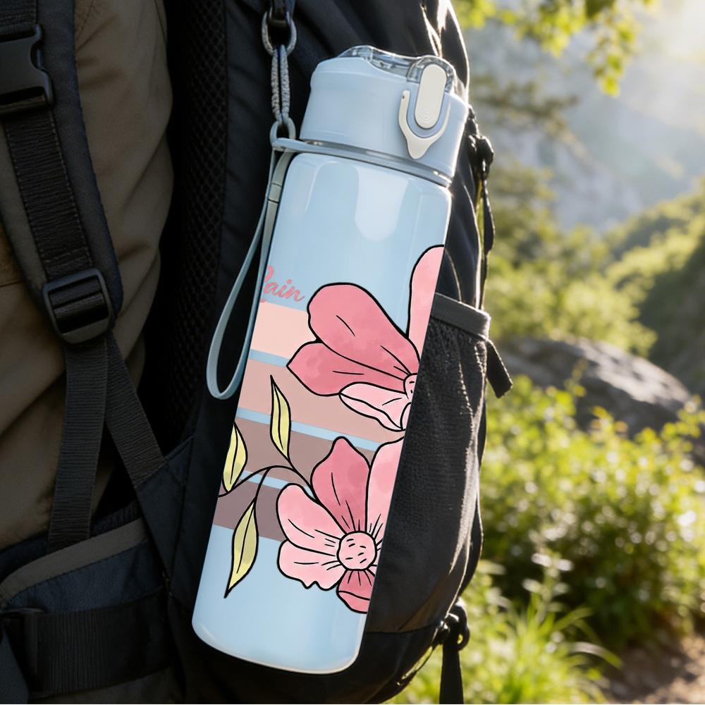 1PC Retro Striped Pink Magnolia 750ml Color Plastic Sports Water Bottle Leakproof Flip Straw Lid Suitable for Sports Office Home Use