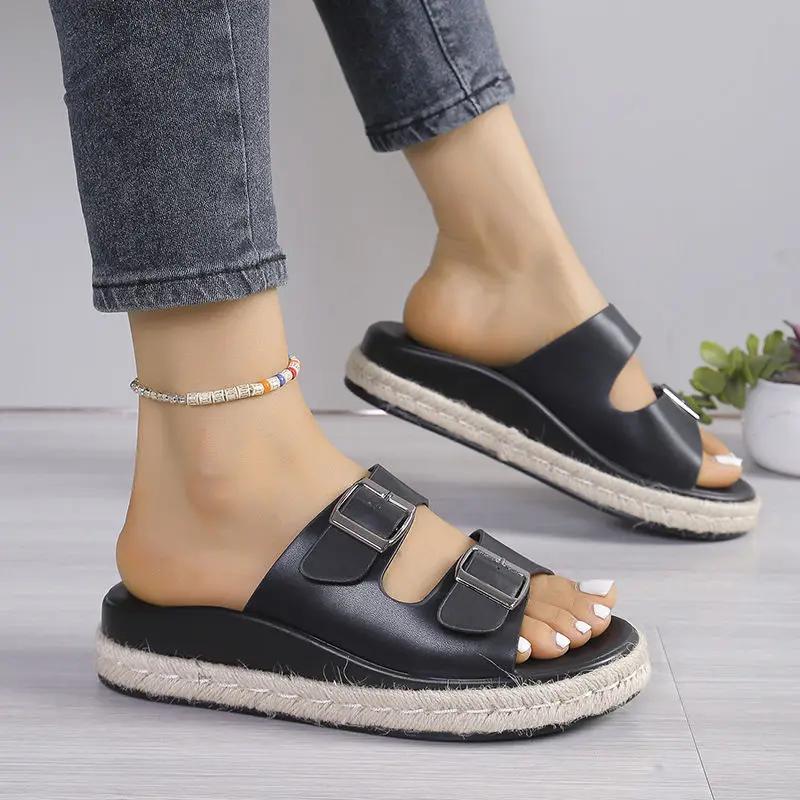 Foreign Trade Large Size Belt Buckle Slippers Women's 2025 New Mori Retro Hemp Rope Thick Bottom Slope Heel Lazy Casual Slippers