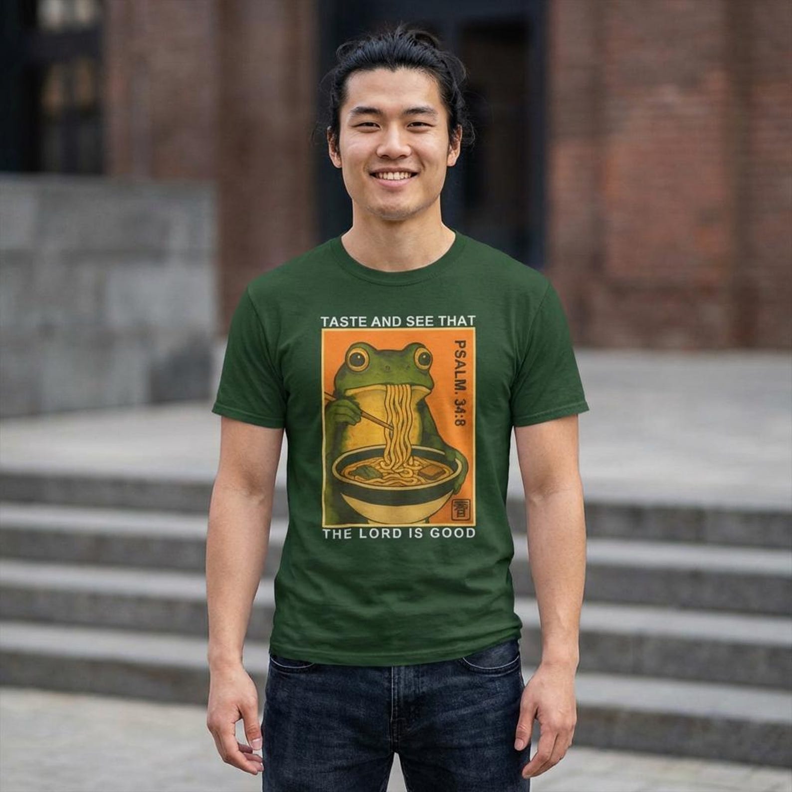 Taste and See that The Lord is Good Psalm 34:8 Frog Japanese T-Shirt; Funny Christian Ramen Art Tee; Cute Bible Verse Graphic Shirt 3XL