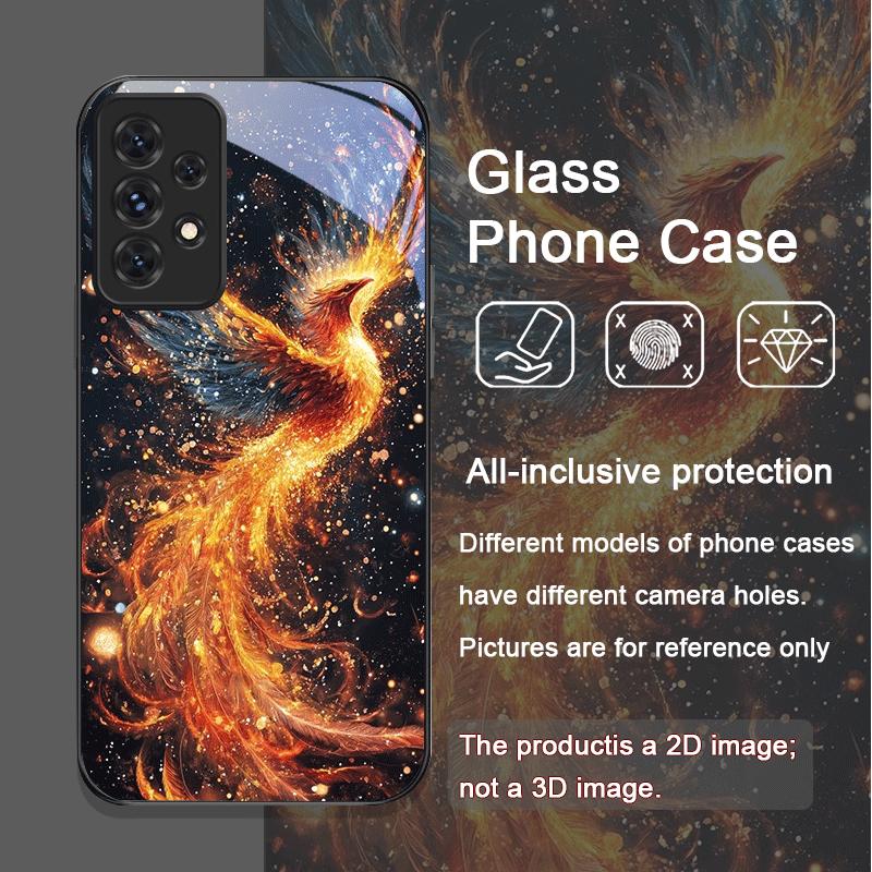 Aesthetic Phoenix Fire Feather Pattern Tempered Glass Phone Case for Samsung Galaxy A56 A55 A54 A53 A52 A36 A14 A31 A51 5G Cover