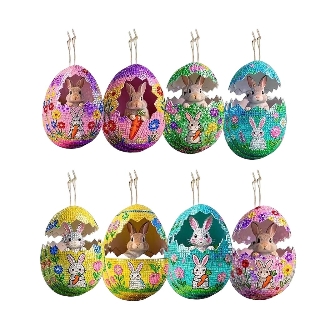 Wooden 8pcs Easter Egg Decoration Pendant, Wooden Group Of Little Rabbits Hanging Decoration