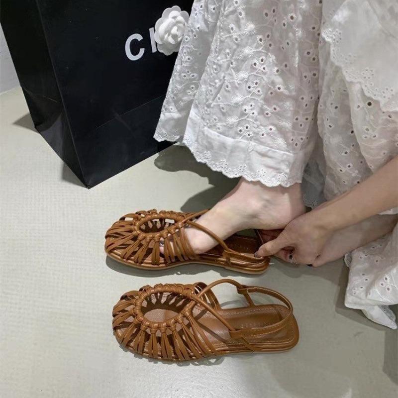 Fashion Retro Open-toe Thin Strap Woven Straw Sandals, One-strap Fashion Roman Shoes, Summer 2025 Fashionable and Versatile Flat Sandals