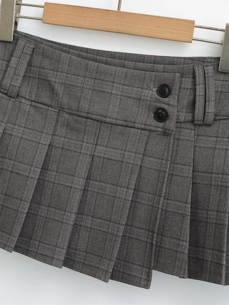 Retro pikantní dívčí mini plisovaná kostkovaná sukně s nízkým pasem - proti odhalení, nepravidelné zapínání pro ženy, podzimní kolekce